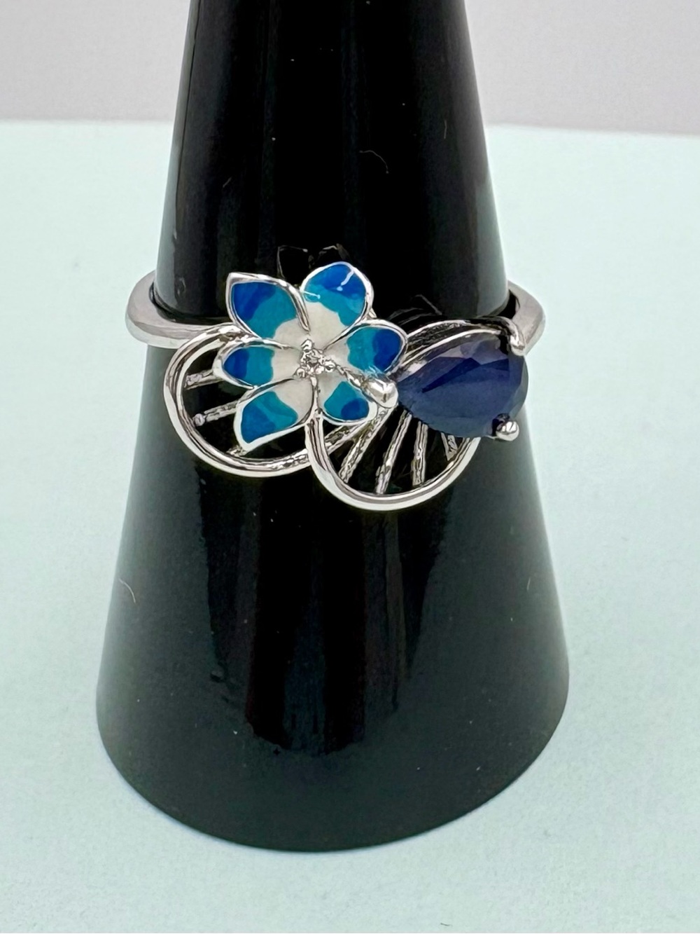 Sterling Silver Blue Enamel Flower Ring with Genuine Teardrop Sapphire Gemstone